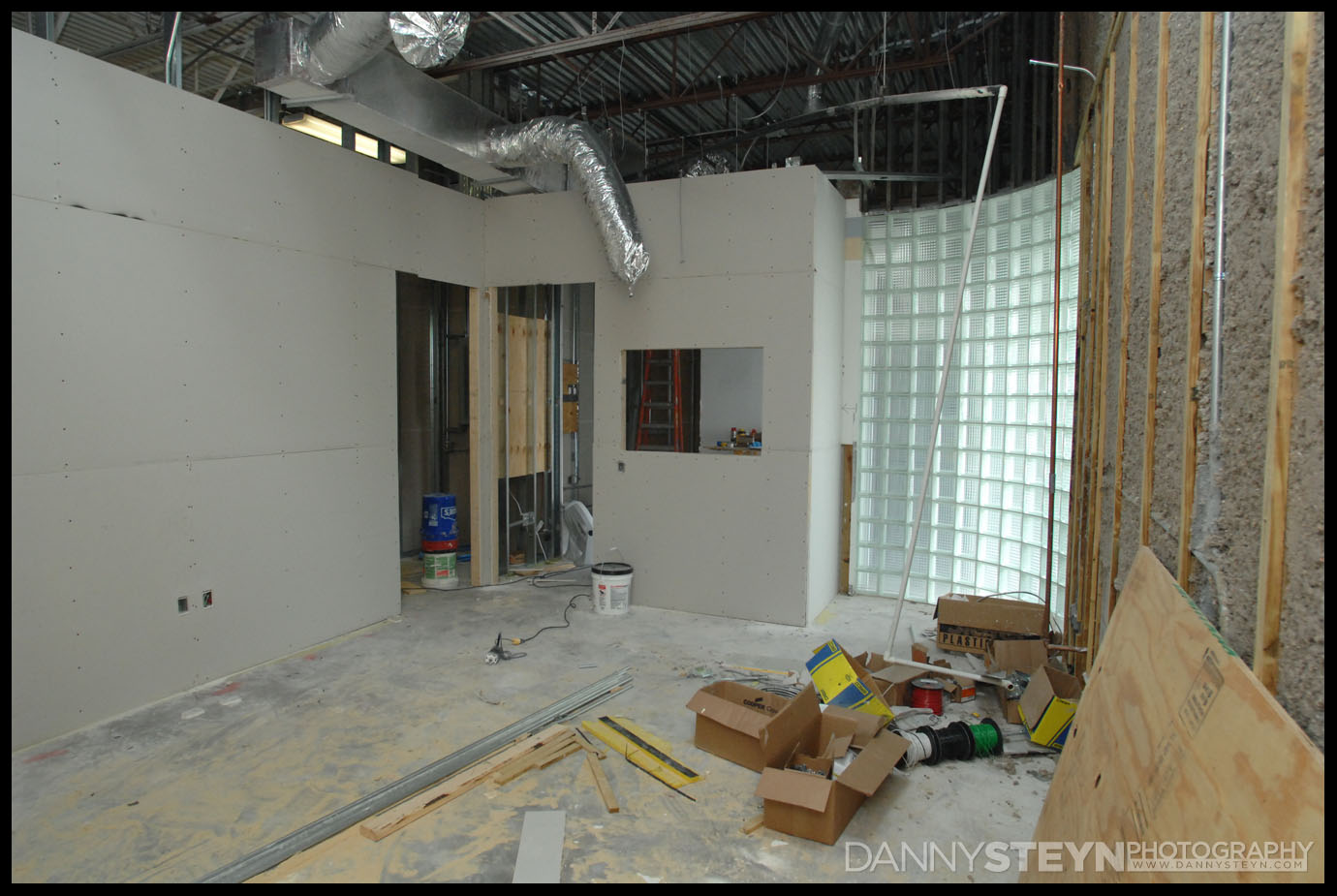 Drywall going up in the Editing Room, window and door to Lobby, door to Prop Room and Server station
