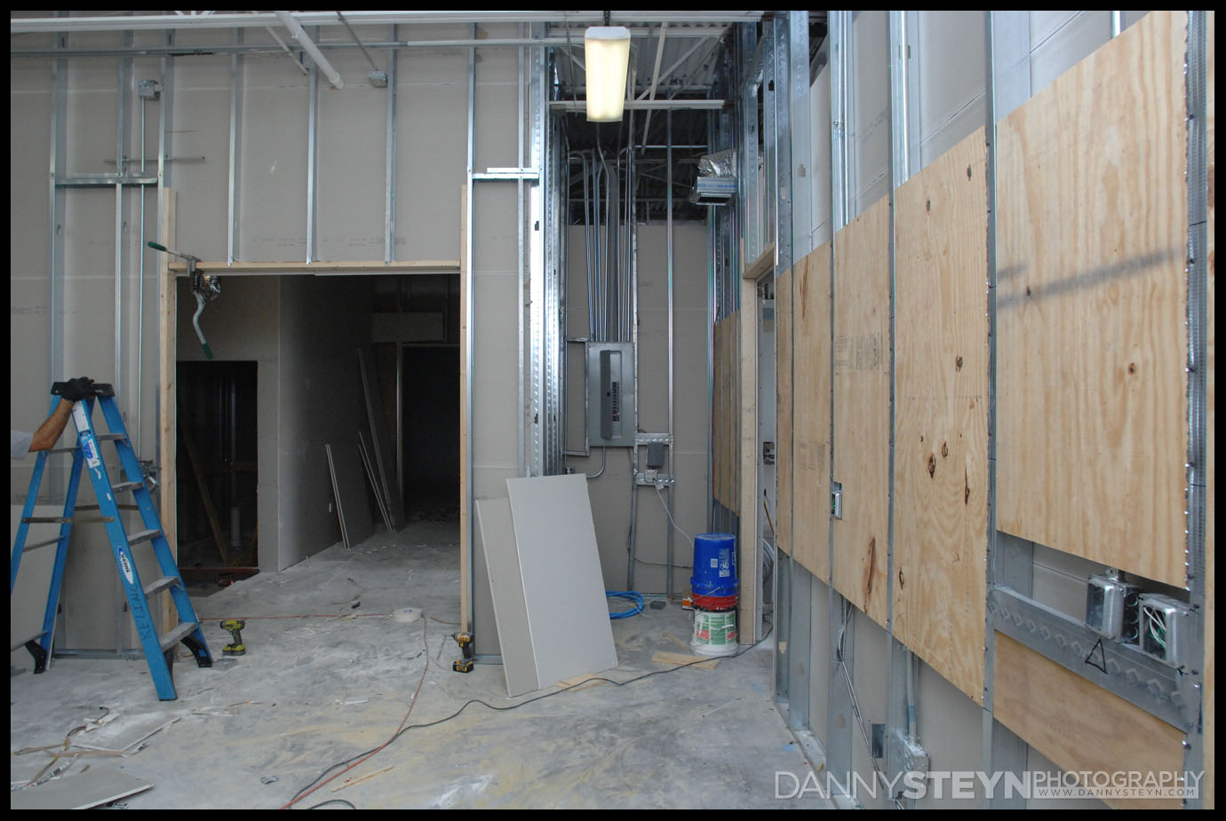 Plywood bracing for wall cabinets in the Prop Room. Dedicated AC ducting for server in Server Enclave