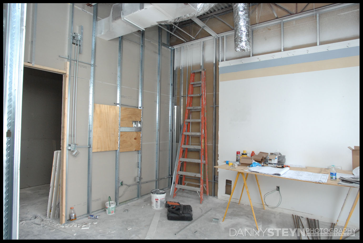 Plywood bracing for large HD 4K TV Monitor in the Lobby.